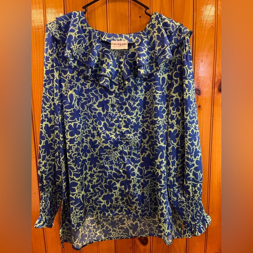 First Love By Lovelyn Floral Ruffle Blouse Green Blue